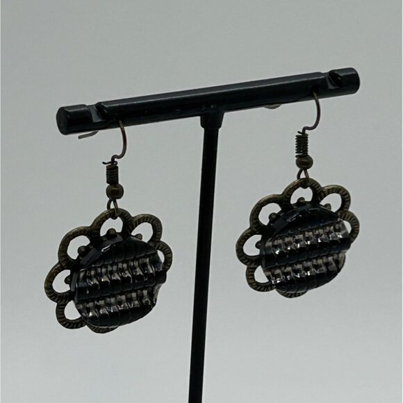 Vintage Button-Inspired Silver-Tone Dangle Earrings With Flower Design Retro - Picture 5 of 11